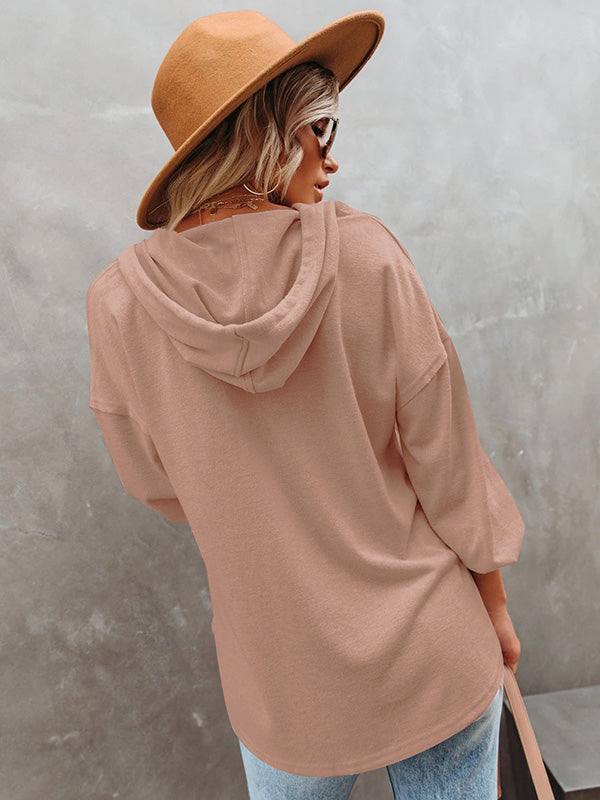 Loose Casual 7 Colors Buttoned Drawstring Hooded V-Neck Long Sleeves Hoodies