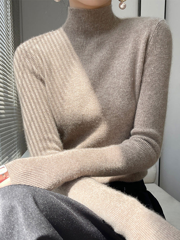 Casual Skinny Long Sleeves Solid Color Half Turtleneck Sweater Tops