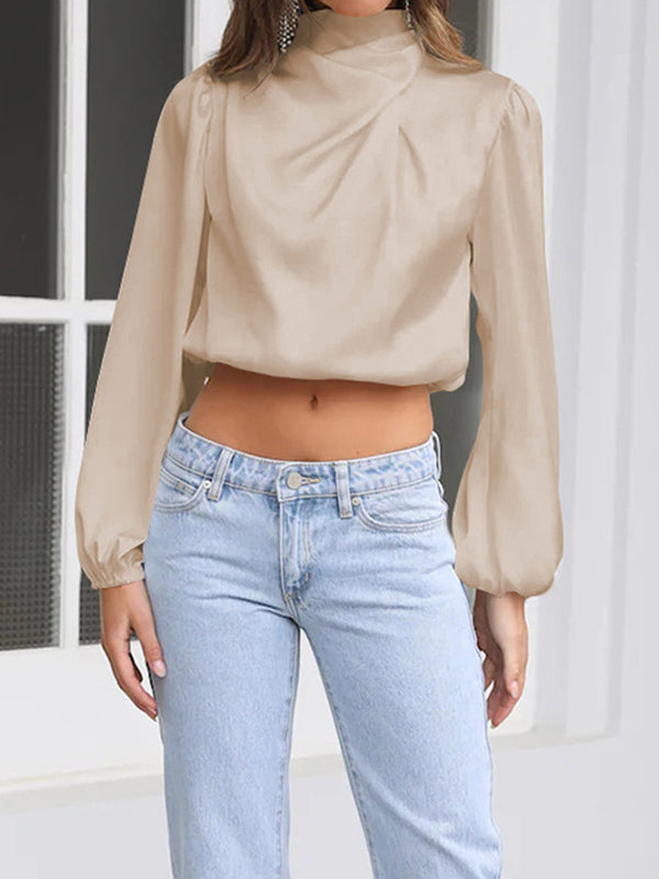 Long Sleeves Loose Elasticity Pleated Solid Color Mock Neck T-Shirts Tops