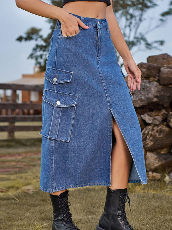 A-Line Loose Pockets Split-Front Split-Joint Denim Skirts