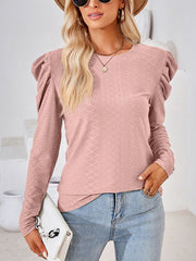 Long Sleeves Loose Pleated Solid Color Round-Neck T-Shirts Tops