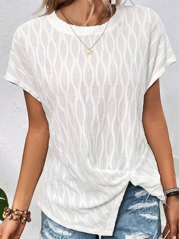 Batwing Sleeves Loose Jacquard Solid Color Split-Front Round-Neck T-Shirts Tops