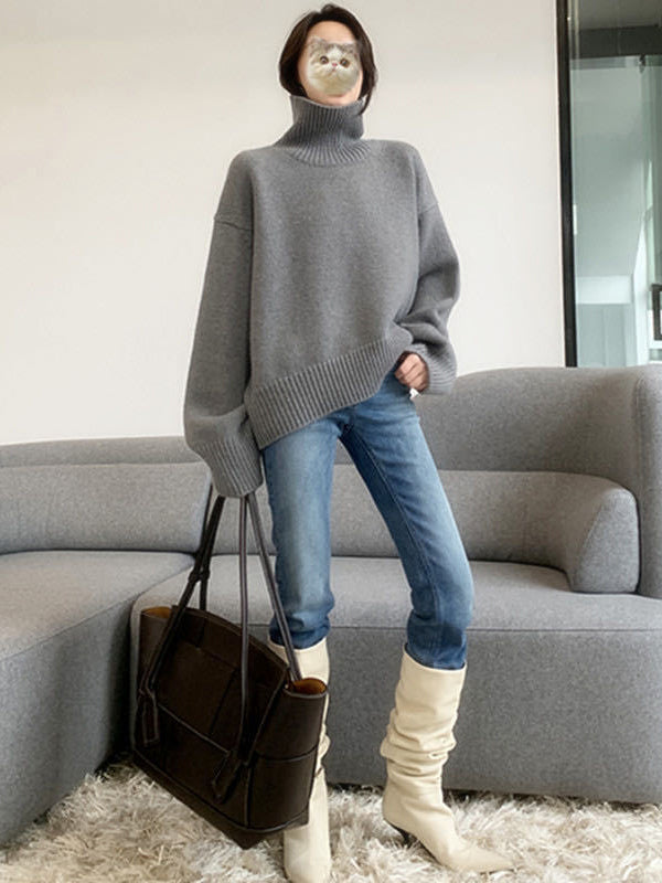 Casual Loose Long Sleeves Solid Color High-Neck Sweater Tops