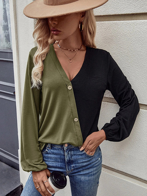 Casual Puff Sleeves Contrast Color V-Neck T-Shirts Tops