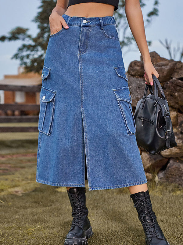 A-Line Loose Pockets Split-Front Split-Joint Denim Skirts