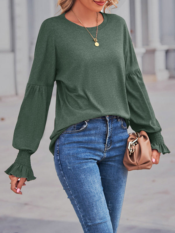 Flared Sleeves Long Sleeves Elasticity Solid Color Round-Neck T-Shirts Tops