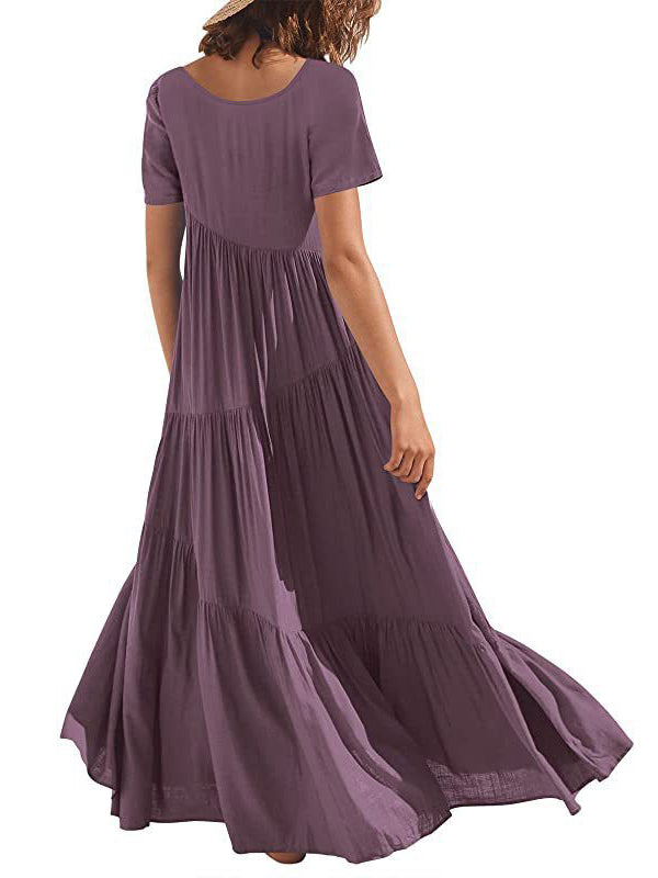 Casual Short Sleeves Loose Solid Color Round-Neck Maxi Dresses