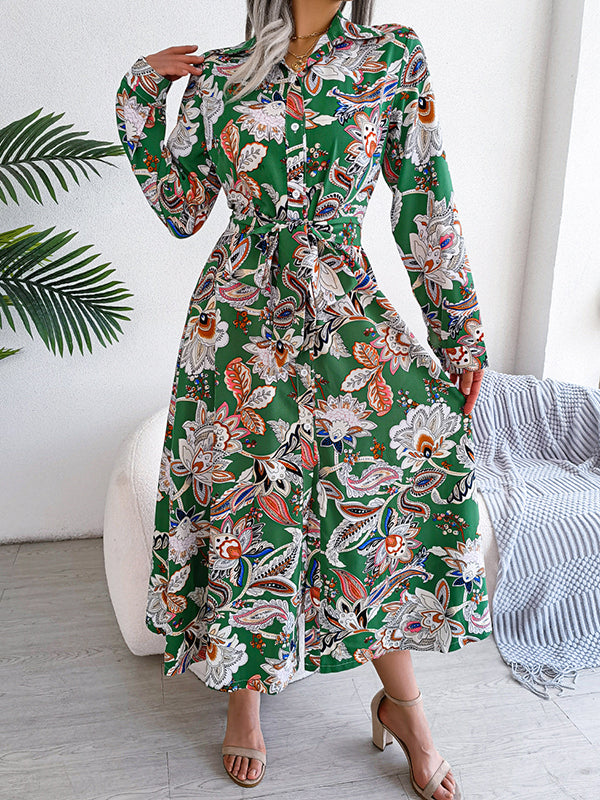 Long Sleeves Buttoned Flower Print Tied Waist Lapel Maxi Dresses