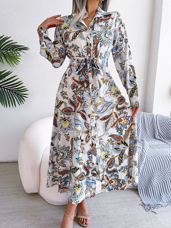 Long Sleeves Buttoned Flower Print Tied Waist Lapel Maxi Dresses