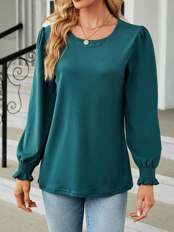 Long Sleeves Loose Elasticity Solid Color Round-Neck T-Shirts Tops