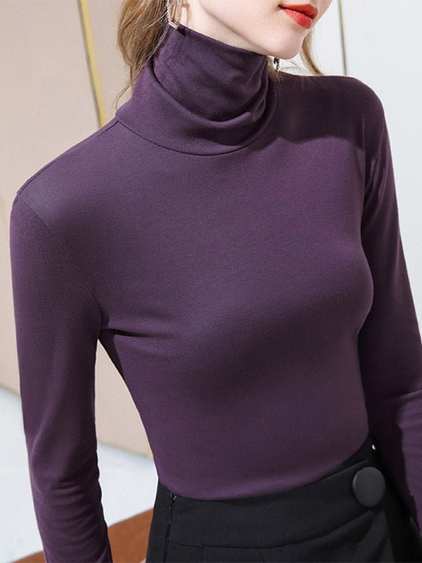 Simple 9 Colors High-Neck Long Sleeves T-Shirt Top