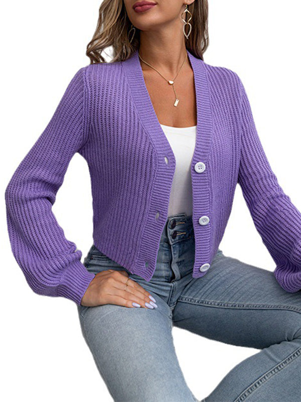 Long Sleeves Loose Buttoned Solid Color V-Neck Cardigan Tops