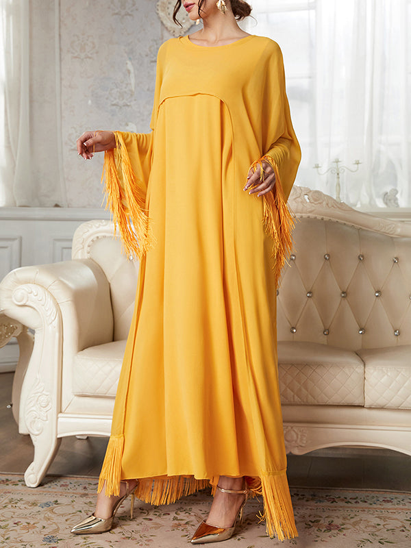 A-Line High Waisted Gauze Solid Color Tasseled Zipper Round-Neck Maxi Dresses Two Pieces Set