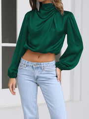 Long Sleeves Loose Elasticity Pleated Solid Color Mock Neck T-Shirts Tops