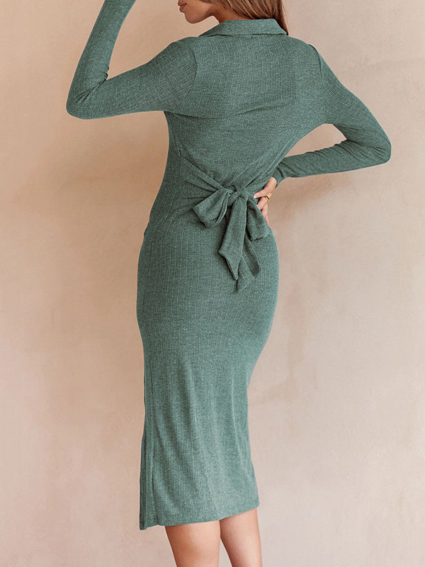 High Waisted Long Sleeves Buttoned Solid Color Split-Side Tied Waist Lapel Midi Dresses