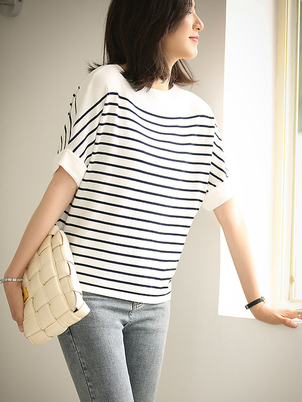 Urban Batwing Sleeves Loose Contrast Color Striped Knitting T-Shirt