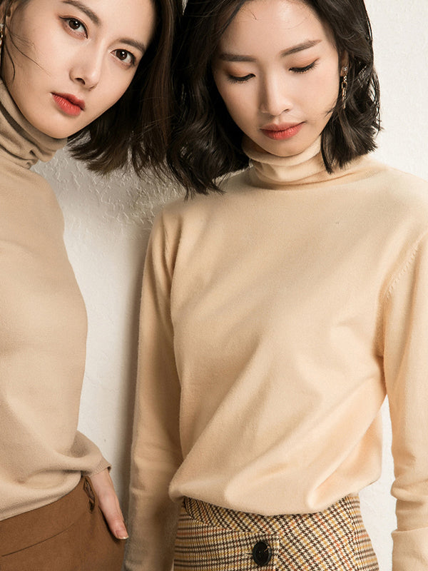 Simple Loose Long Sleeves Solid Color High-Neck Sweater Tops