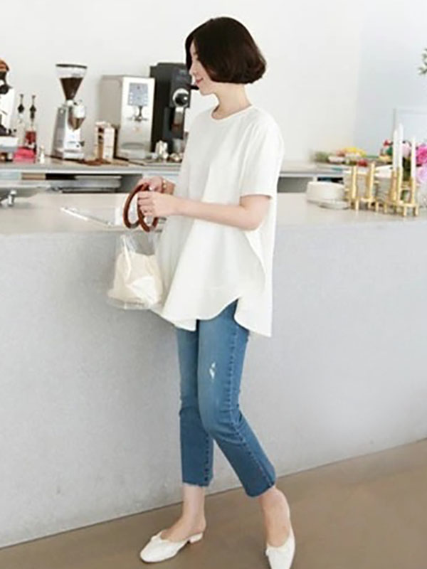 Casual Loose Split-Side Falbala Round-Neck T-Shirts Tops