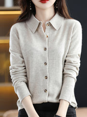 Casual Loose Long Sleeves Buttoned Solid Color Lapel Collar Cardigan Tops