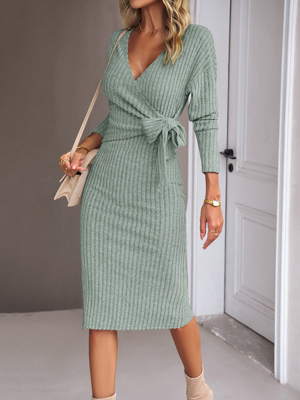 High Waisted Long Sleeves Asymmetric Solid Color Tied Waist Deep V-Neck Midi Dresses Sweater Dresses