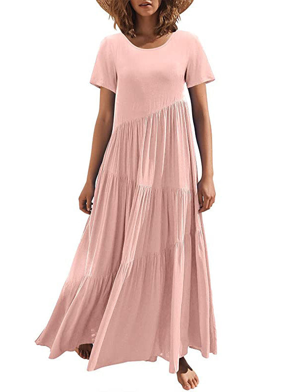 Casual Short Sleeves Loose Solid Color Round-Neck Maxi Dresses