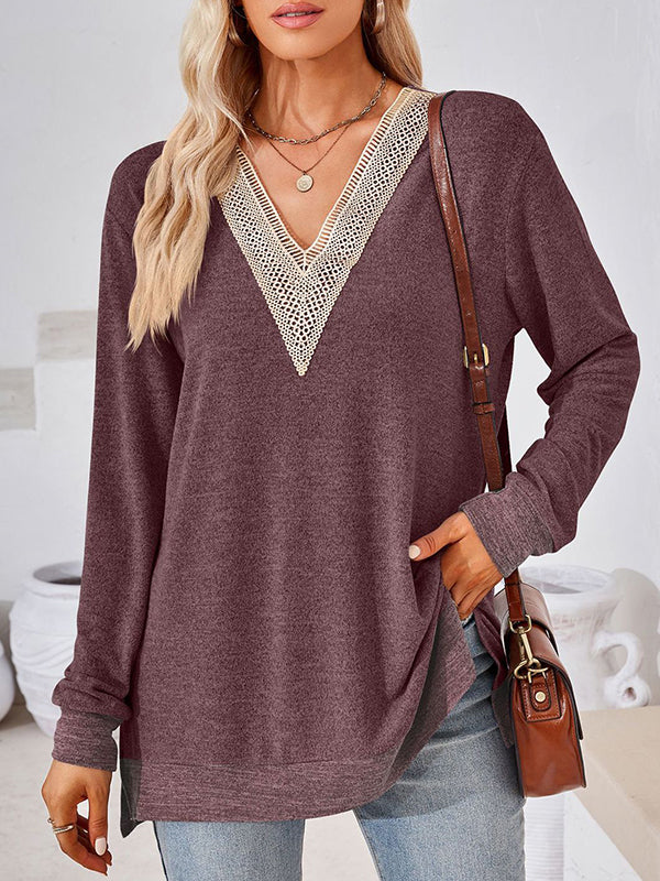 Long Sleeves Loose Hollow Split-Joint Split-Side V-Neck T-Shirts Tops