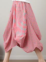 Artistic Retro Ramie Cotton Plaid Loose Irregular Elasticity Skirt