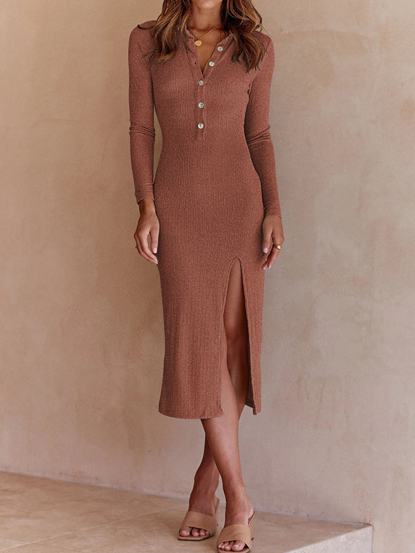 High Waisted Long Sleeves Buttoned Solid Color Split-Side Tied Waist Lapel Midi Dresses