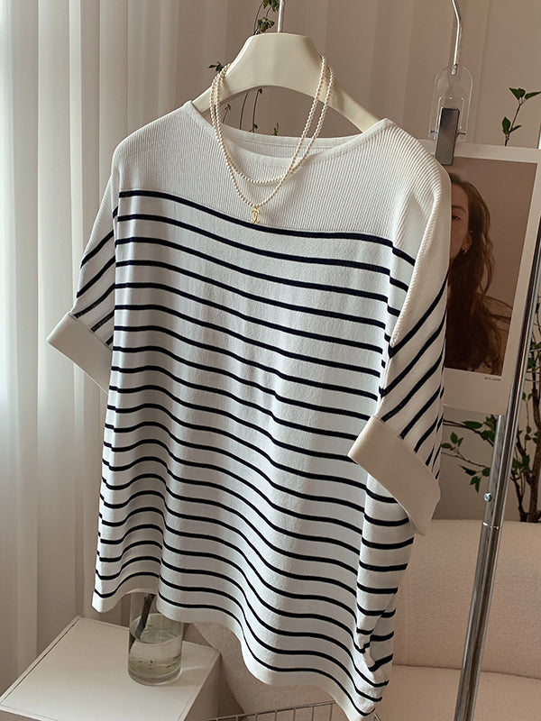 Urban Batwing Sleeves Loose Contrast Color Striped Knitting T-Shirt