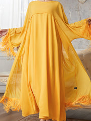 A-Line High Waisted Gauze Solid Color Tasseled Zipper Round-Neck Maxi Dresses Two Pieces Set