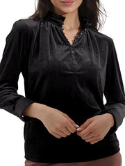 Long Sleeves Loose Buttoned Ruffled Velvet V-Neck T-Shirts Tops