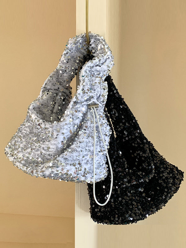 Drawstring Pleated Sequined Shoulder Bags Handbags