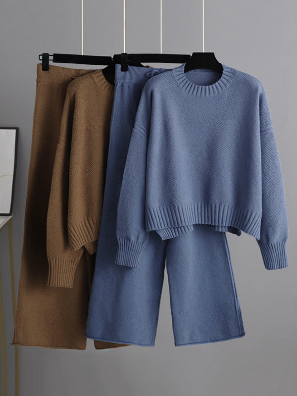 Stylish Loose High-Low Long Sleeves Solid Color Round-Neck Sweater Tops& Wide Leg Pants Two Pieces Set