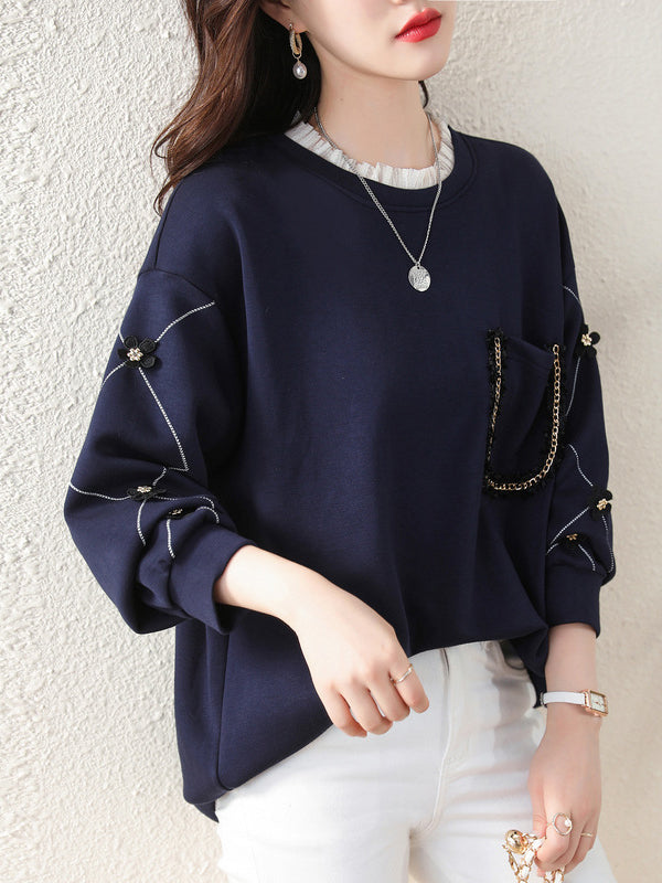 Long Sleeves Loose Chains Pockets Ruffled Split-Joint Three-Dimensional Flower Round-Neck T-Shirts Tops