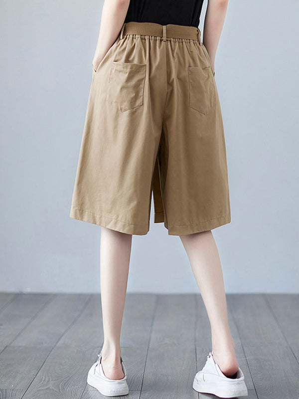 Artistic Retro Solid Color Wide Legs Belted High-Waisted Shorts