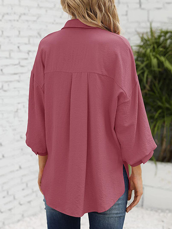 Loose Puff  Three-Quarter Sleeves Solid Color Lapel Blouses