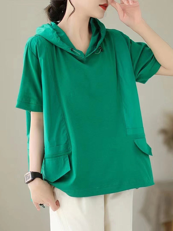 Loose Short Sleeves Solid Color Hooded T-Shirts Tops