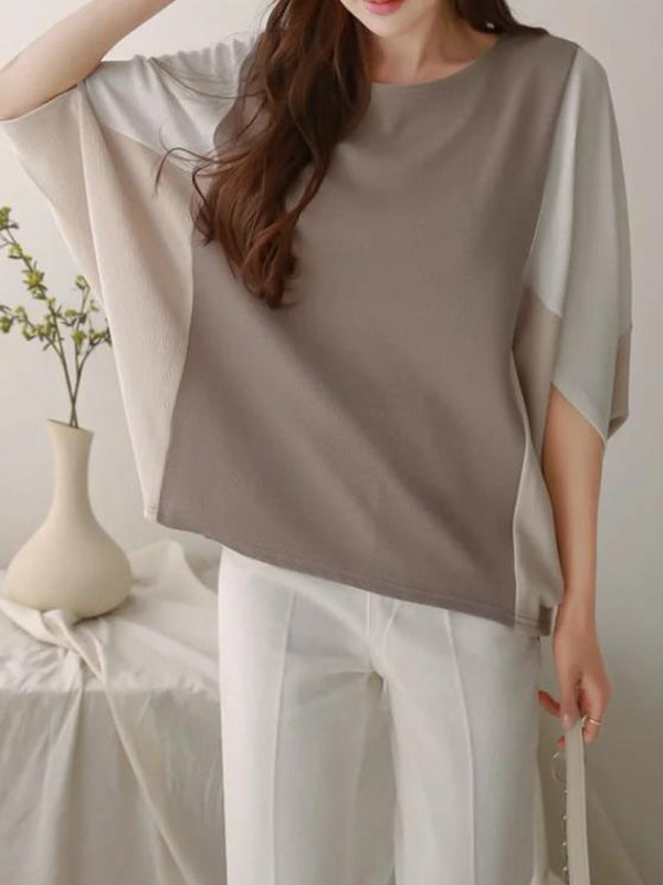 Batwing Sleeves Loose Contrast Color Split-Joint Round-Neck T-Shirts Tops