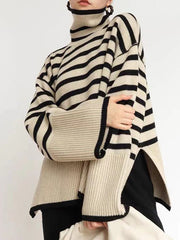 Long Sleeves Loose Contrast Color Split-Joint Split-Side Striped High Neck Sweater Tops