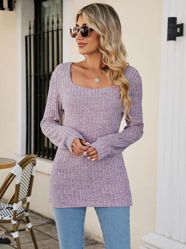 Casual Long Sleeves Skinny Solid Color Square-Neck Sweater Tops