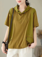 Loose Short Sleeves Solid Color Hooded T-Shirts Tops