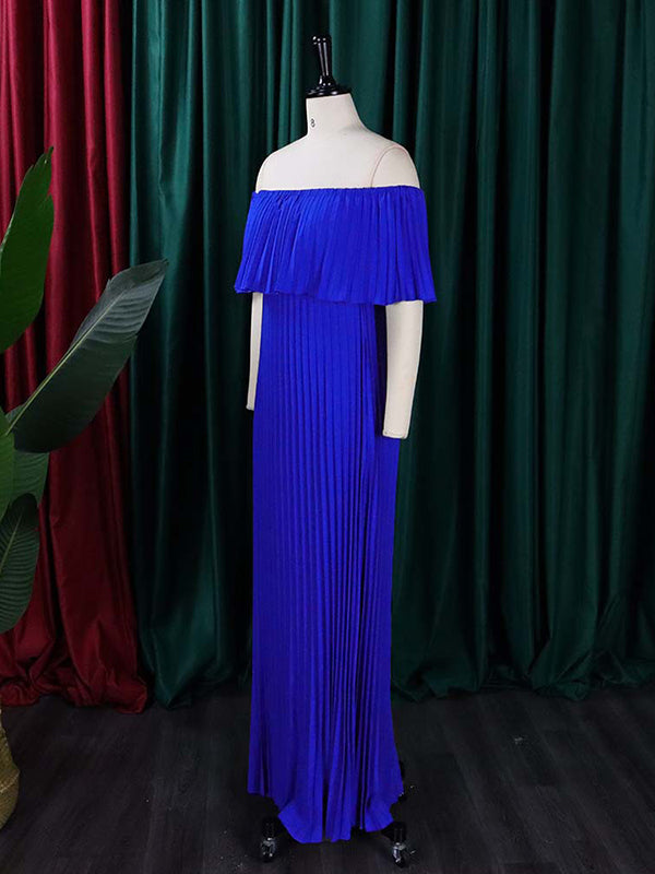 Wrap Pleated Solid Color Off-The-Shoulder Evening Dresses