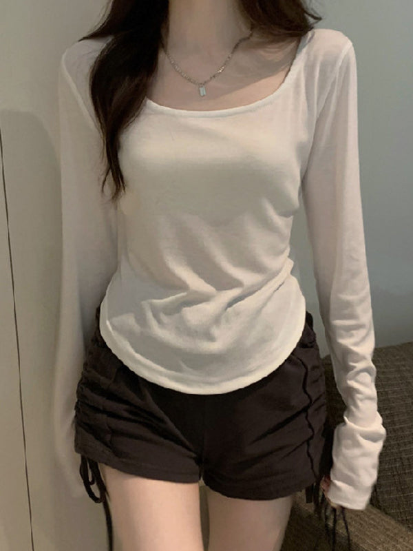 Long Sleeves Skinny Solid Color Square-Neck T-Shirts Tops