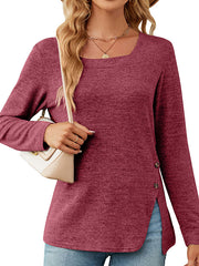 Long Sleeves Loose Asymmetric Buttoned Solid Color Split-Side Square-Neck T-Shirts Tops