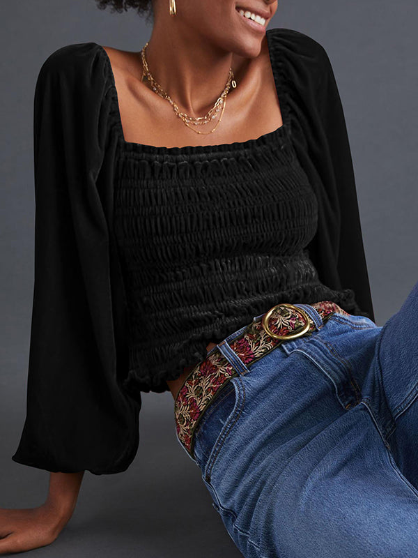 Long Sleeves Loose Elasticity Solid Color Velvet Square-Neck T-Shirts Tops