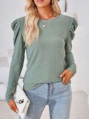 Long Sleeves Loose Pleated Solid Color Round-Neck T-Shirts Tops