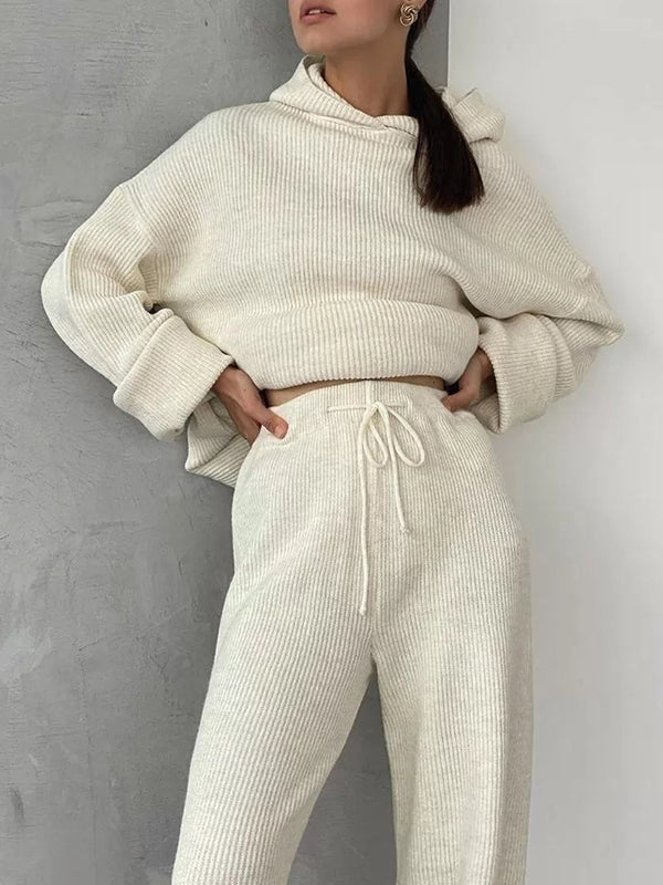 Loose Solid Color Round-Neck Hooded Long Sleeves Sweater Top + Drawstring Pants Bottom Two Pieces Set