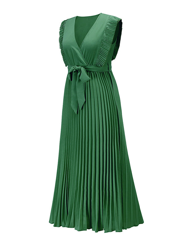 Loose Sleeveless Floral Pleated Solid Color Split-Joint Tied Waist V-Neck Maxi Dresses