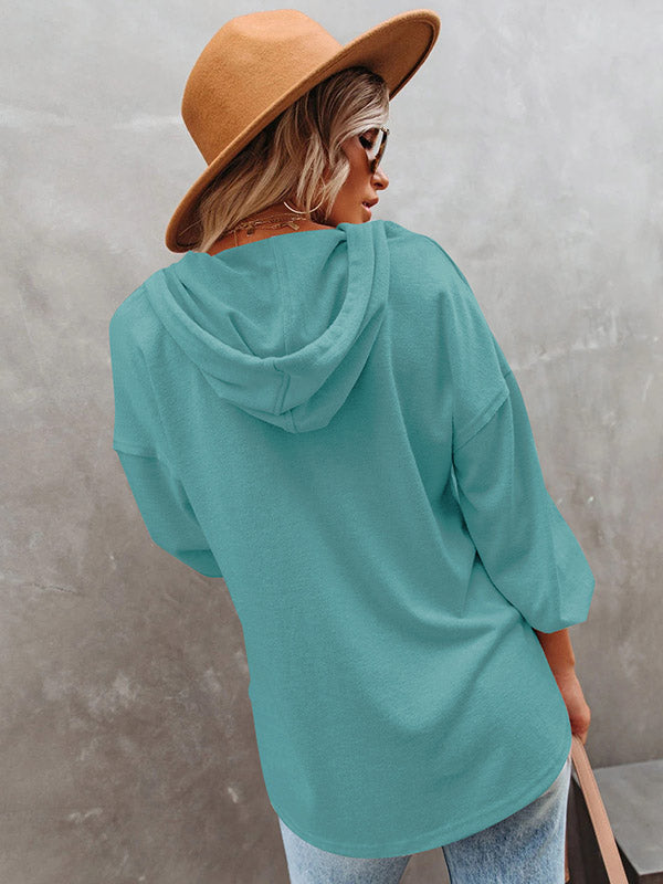 Loose Casual 7 Colors Buttoned Drawstring Hooded V-Neck Long Sleeves Hoodies