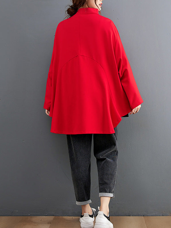 Casual Loose Split-Joint High-Neck Long Batwing Sleeves T-Shirt